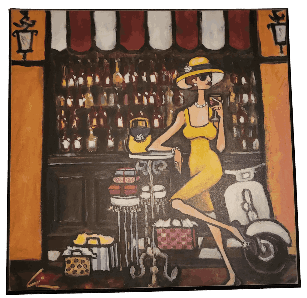 Painting of a lady in yellow dress holding a wine glass